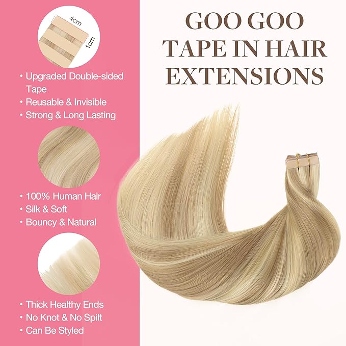 GOO GOO Tape in Hair Extensions Human Hair, 18A/613A Dark Blonde Highlighted Bleach Blonde, 14inch 100g 40pcs, Skin Weft Seamless Invisible, Silky Straight with Thick Ends, Remy Human Hair