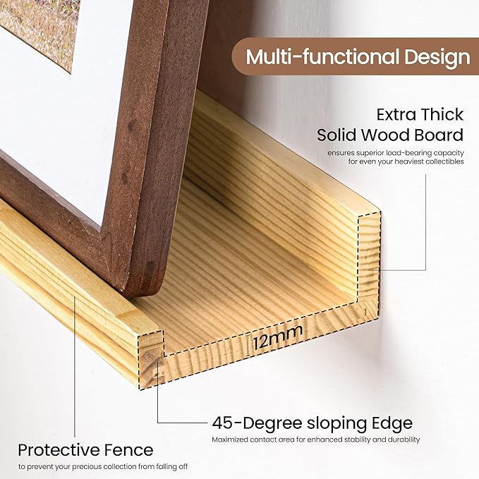 Picture Ledge Shelf, Solid Pine Wood Floating Shelves Set of 2, 24 Inches Nursery Book Shelves for Toys Storage, Kids Bookshelf Wall Mounted for Living Room Bedroom Decor Books Photo Frames, Natural