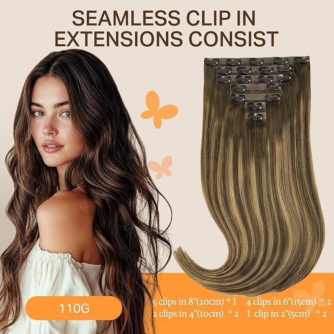 DOORES Seamless Clip in Hair Extensions, Chocolate Brown to Caramel Blonde 16 Inch 110g 7pcs, Seamless Human Hair Extensions Invisible Edge Hair Extensions Straight Hair Skin Weft