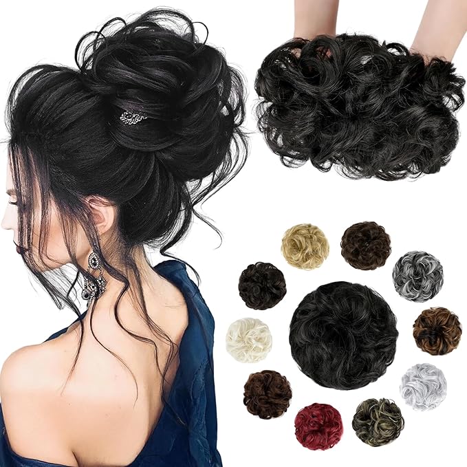 Messy Bun Hair Piece Wavy Curly Scrunchies Fluffy Donut Thick Updo Elegant Chignon Hairpieces for Women Girls, Natural Black 1.4oz