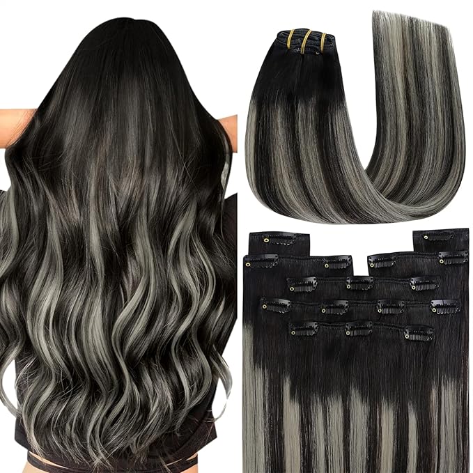 YoungSee 150G Clip in Hair Extensions Balayage Black Mix Silver Hair Extensions Clip ins Black Ombre Clip in Human Hair Extensions Long Straight Hair 24Inch 7Pcs