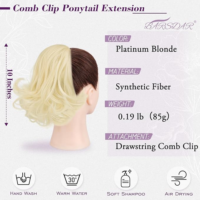 BARSDAR Short Ponytail Extension - 10 Inch Loose Curly Wavy Drawstring Comb Clip Pony Tails Hair Extensions for Women, Synthetic Clip in Ponytails Hairpieces - Platinum Blonde