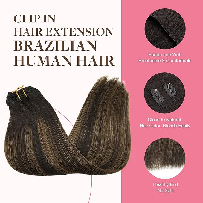 GOO GOO Clip in Hair Extensions Real Human Hair, Remy Human Hair Extensions Clip ins for Women, Natural Human Hair, 16inch 150g 9Pcs, 2/6/2 Balayage Dark Brown to Chestnut Brown