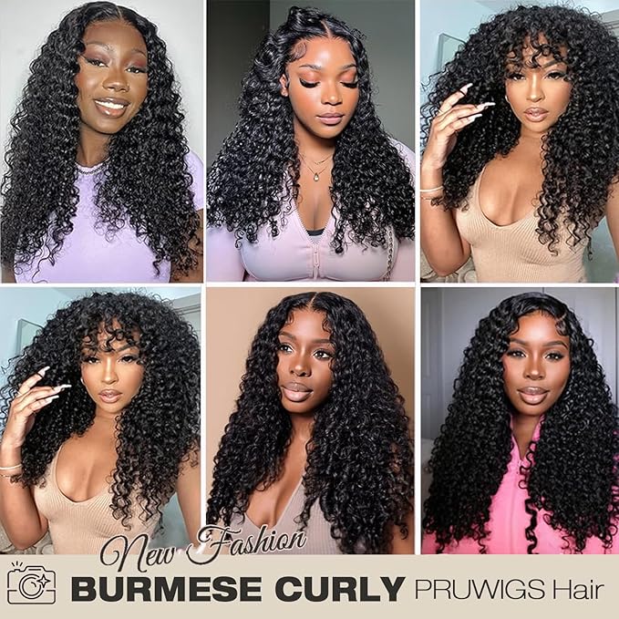 Burmese Curly Human Hair Wig with Spiral End 200% Density 360 Full HD Lace Front Wigs Human Hair Water Wave Wigs for Women 34Inch Pre Plucked with Baby Hair Tiny Knots Natural Black