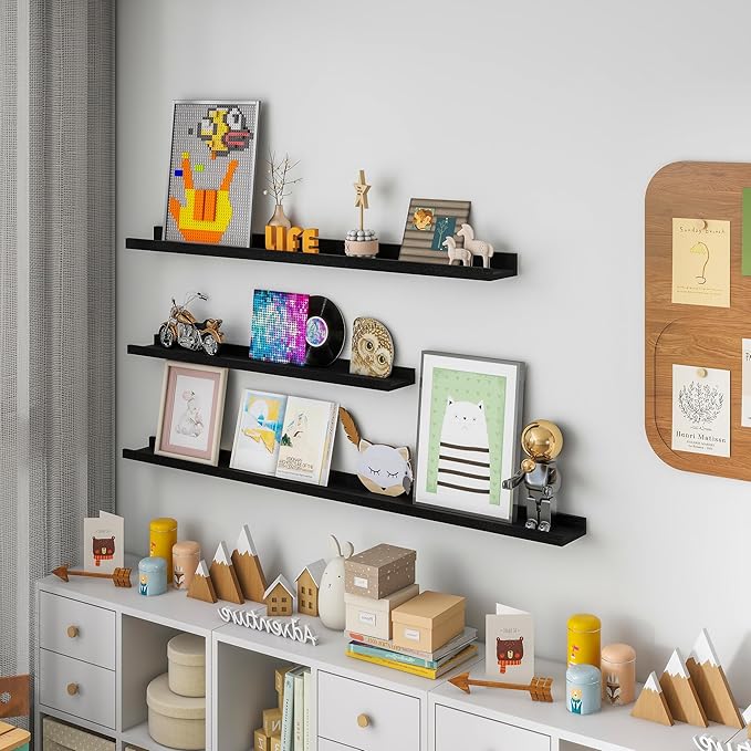 Solid Ash Wood Picture Ledge Shelf, Floating Shelves Set of 2, 56 Inch Long Large Ledge Shelves, Nursery Book Shelves Wall Mounted for Living Room Bedroom Kitchen Decor Kids Bookshelf, Black