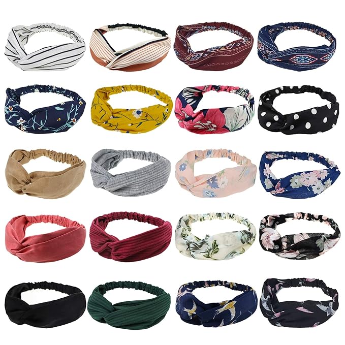 DRESHOW 20 Pack Turban Headbands for Women Elastic Back Twisted Hair Bands Face Vintage Cross Head Wrap Hair Accessories