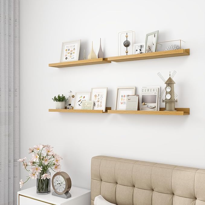 Picture Ledge Shelf, Wood Floating Shelves Set of 4, 24 inch Picture Ledge Shelves, Photo Ledge Nursery Book Shelves Wall Mounted for Living Room Kids' Room Bedroom, Color Oak