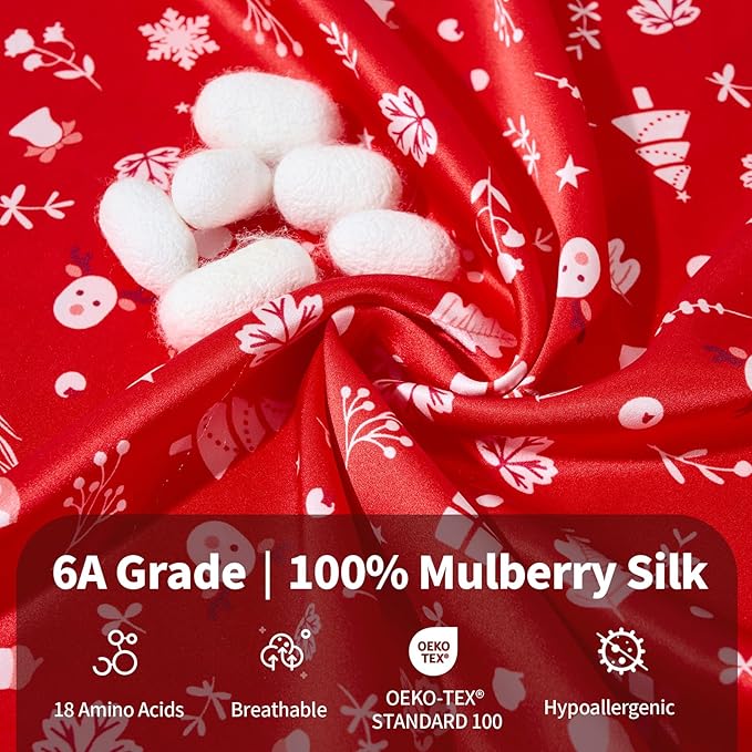 THXSILK Christmas Style 6A+ Grade Mulberry Silk Pillowcase for Hair and Skin, 22 Momme 100% Pure Silk Pillow Case with Hidden Zipper, Christmas Holly Printed Pillow Cover, Red， King