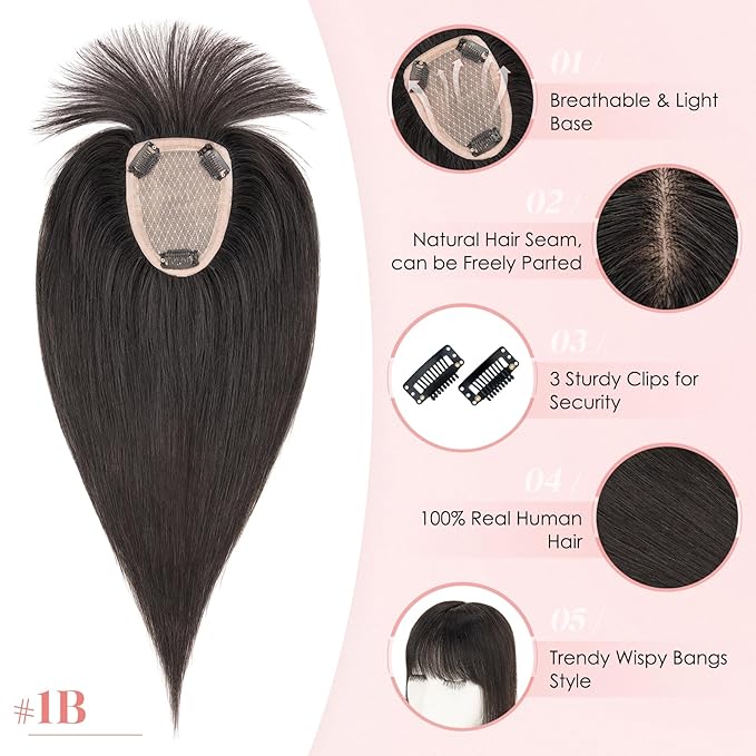 Hairro Human Hair Toppers with Wispy Bangs, 3.5x4.7" Hand-wovened Base for Women with Thinning Hair, Lightweight & Breathable Realistic Scalp, Clip-in Hairpieces for Easy Wear, 14 Inch Natural Black