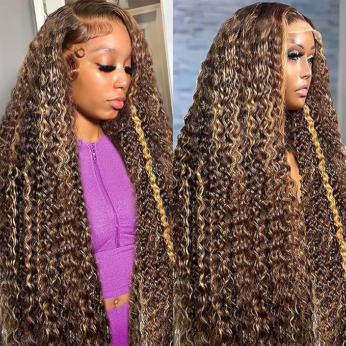 Ombre Highlight 13x6 Lace Front Wigs Human Hair HD Transparent Deep Wave Lace Front Wigs Human Hair Pre Plucked 200% Density Glueless #4/27 Colored Honey Blonde Wig for Women (26 Inch)