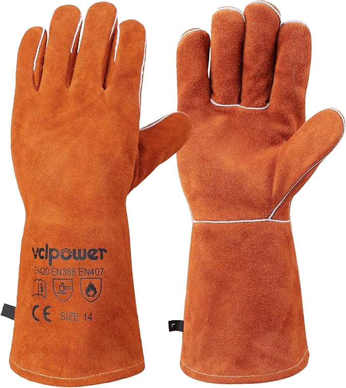 Welding Gloves Fire Heat Resistant 14IN Fireproof Leather for Welding Fire Pit Wood Stove Campfire Furnace BBQ Baking,Grill Oven Stick Mig Tig Gear Gift for Man L