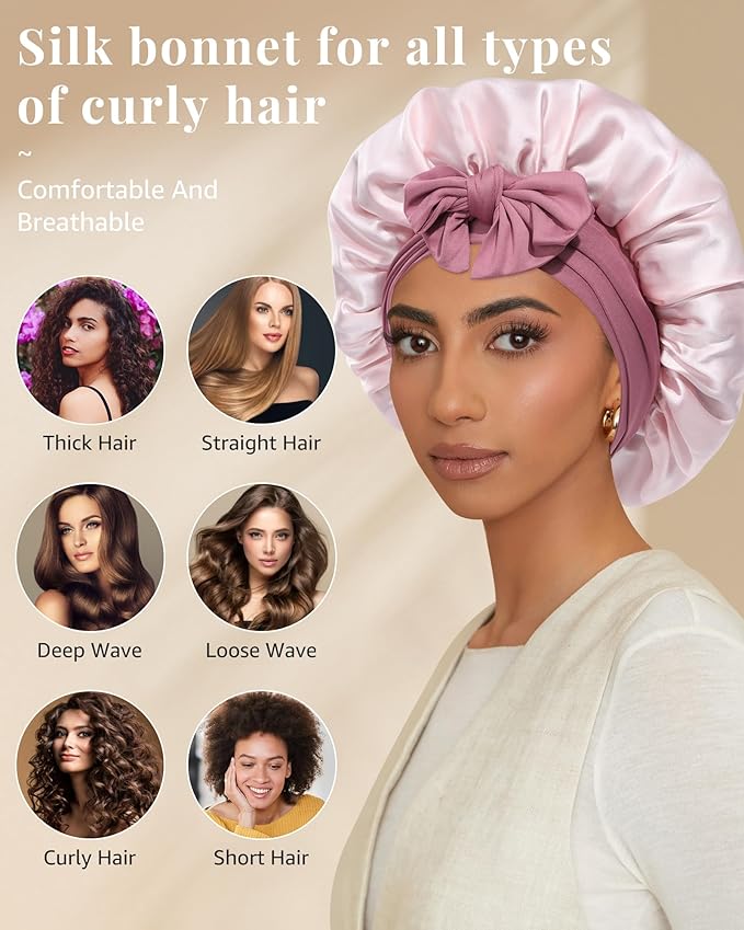 AWAYTR Silk Bonnet for Sleeping Women 100% Mulberry Silk Bonnet with Band 2 Layer Reversible Hair Bonnet Sleeping Hair Wrap (Silk, Dust rose/Pink)
