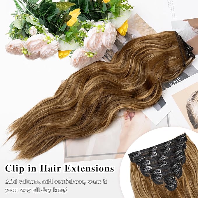 Clip in Hair Extensions for Women, 20 Inch Chestnut Brown Hair Extensions Mix Blonde, 8PCS Long Wavy Clip Ins, Synthetic Airy and breathable Hairpieces for Women