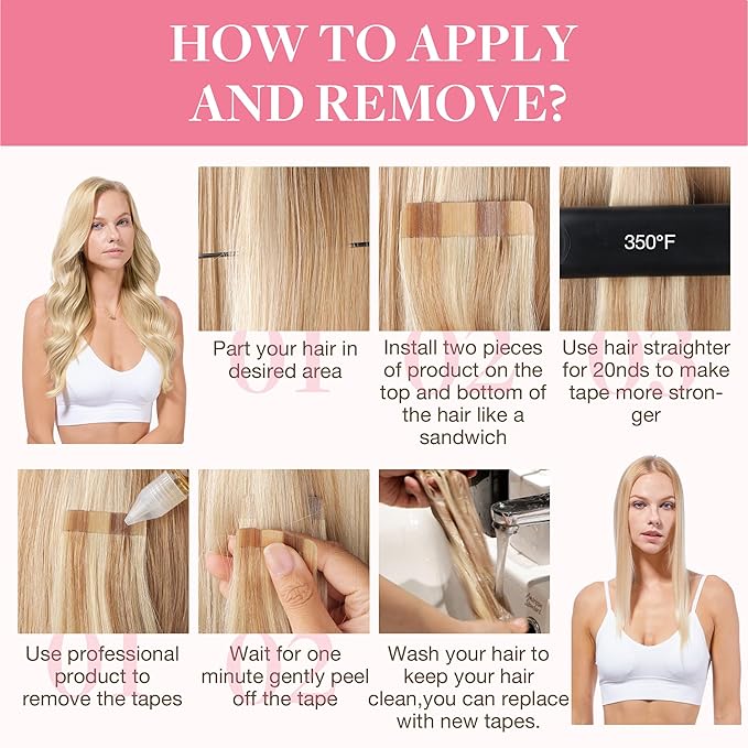 GOO GOO Tape in Hair Extensions Human Hair, 18ET90A Natural Blonde Balayage, 18inch 25g 10pcs, Skin Weft Seamless Invisible, Silky Straight with Thick Ends, Remy Human Hair