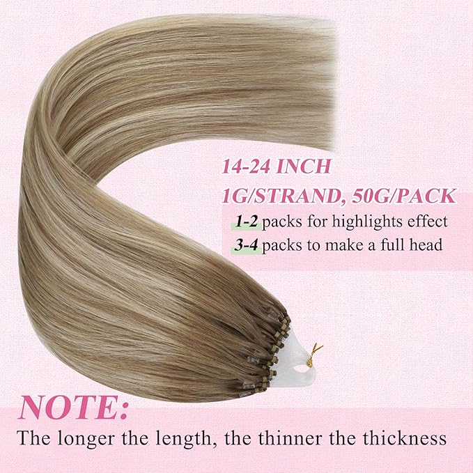 YoungSee Micro Link Hair Extensions Human Hair Ombre Microloop Hair Extensions Human Hair Balayage Light Brown with Blonde Beaded Hair Extension Cold Fusion for Long Hair 24 Inch 50s 50g