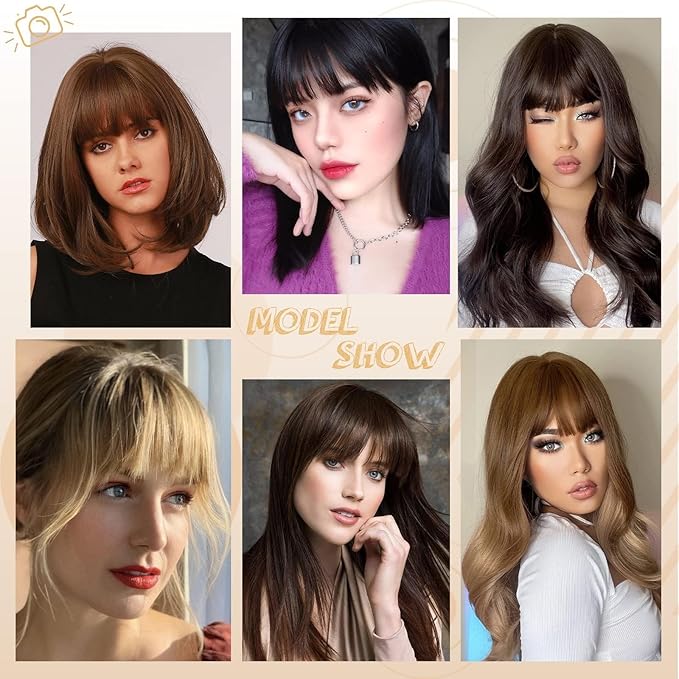 NAYOO Bangs Hair Clip - Light Brown Fake Bangs 100% Real Human Hair Extensions French Bangs for Women Fringe with Temples Hairpieces Curved Bangs for Daily Wear(Light Brown, French Bangs)