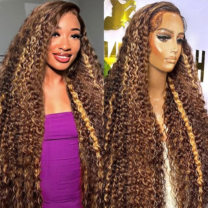 Highlight Ombre Lace Front Wig Human Hair Deep Wave Honey Blonde 4/27 13x6 HD Lace Frontal Wigs Wet and Wavy 200 Density Curly Wigs Human Hair Pre Plucked 28 Inch