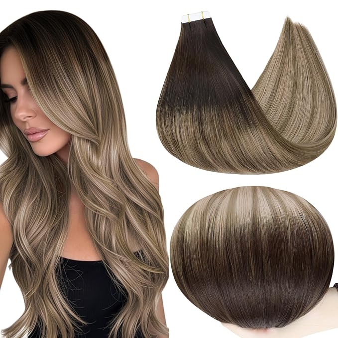 Full Shine Tape in Hair Extensions Human Hair 20 Inch Dark Brown to Brown and Ash Blonde Balayage Tape in Human Hair Extensions Invisible Tape in Hair Extensions for Wedding 50 Gram 20Pcs