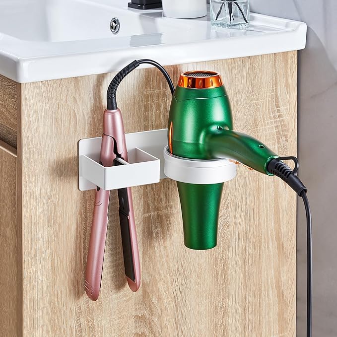 Blow Dryer Holder Wall Mounted, Hair Straightener Holder, Hair Dryer Holder Adhesive, Hair Tool Organizer for Flat Iron, Hairdryer, Curling Iron Holder for Bathroom Vanity Barber Shop (White)