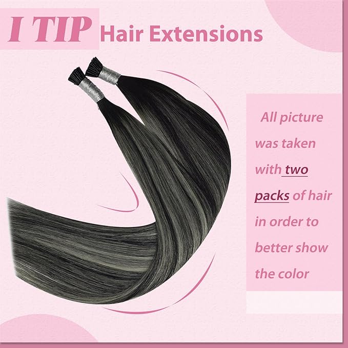 YoungSee Itip Hair Extensions Real Human Hair Ombre 14 Inch I Tip Hair Extensions Balayage Black Itip Human Hair Extension Black Ombre Silver I Tips Extension 50g 80s Itips Extension for Short Hair