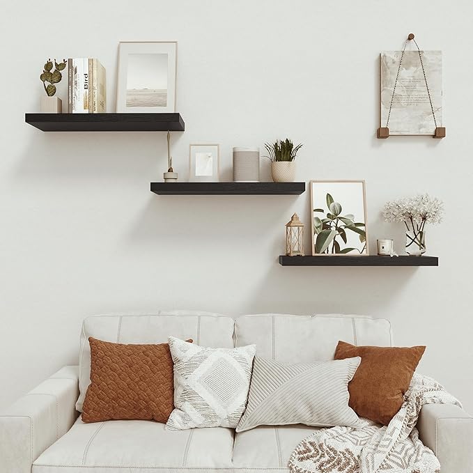 Black Floating Shelves for Wall Mounted, 24 inchs x 9.1” Deep x 1.5” Thick Wall Shelves for Bedroom, Living Room, Bathroom，Kitchen, Office, Home Decor Shelf with Invisible Bracket - Set of 2