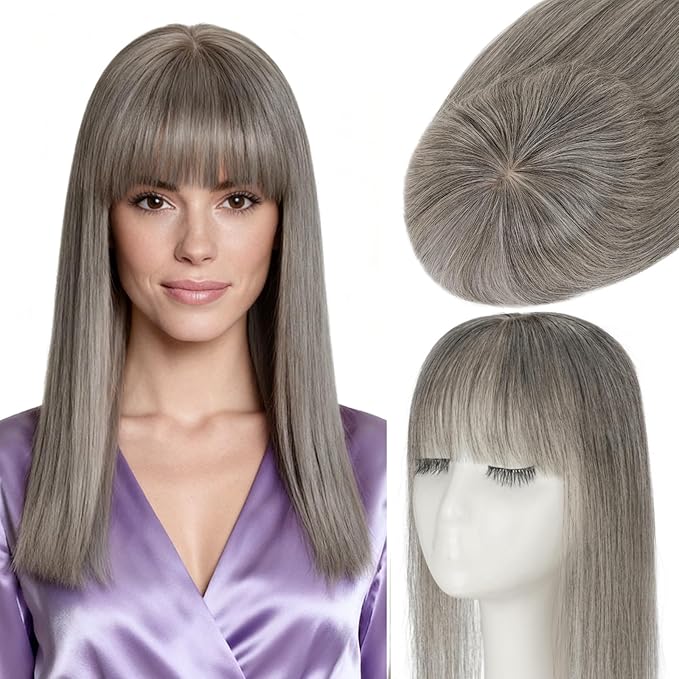 Rich Choices Human Hair Toppers for Women-100% Real Remy Hair Topper with 3D 360°Bang-Upgraded 150% Density 9 * 12CM Lace Base-Clip in Hairs topper for Thinning Hairs-12Inch #G2 Grey