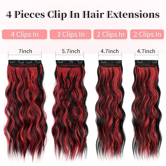 KooKaStyle Hair Extensions Black Mix Red Highlights 1B/113# Clip in Synthetic Highlight Hair Extensions Long Wavy 4PCS Thick Hairpieces 20 Inch for Women