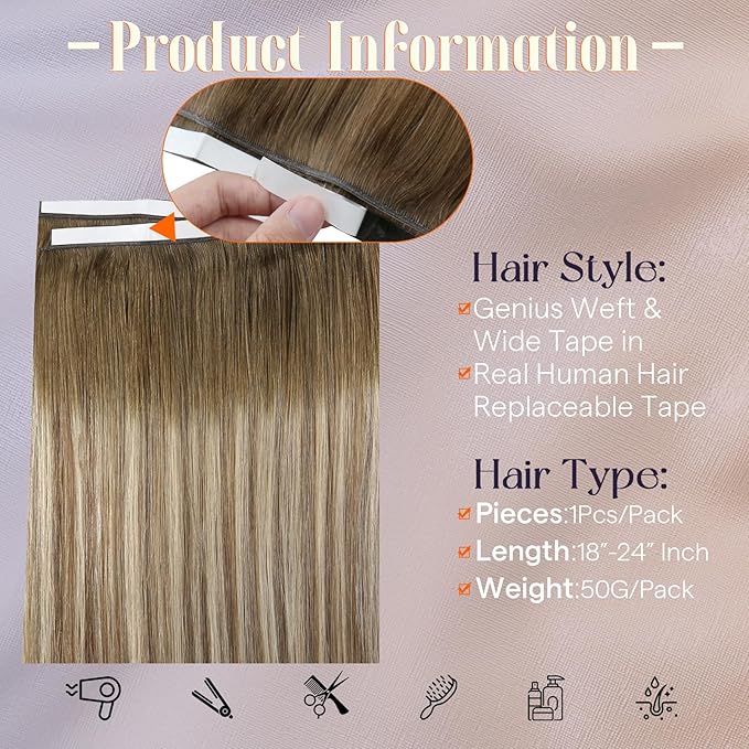 Full Shine Genius Weft Hair Extension Human Hair Color 3 Dark Brown Ombre 8 Ash Brown And 22 Blonde Seamless Tape in hair Extensions for Women Cuticles Aligned lightweight 24Inch 50G One Piece