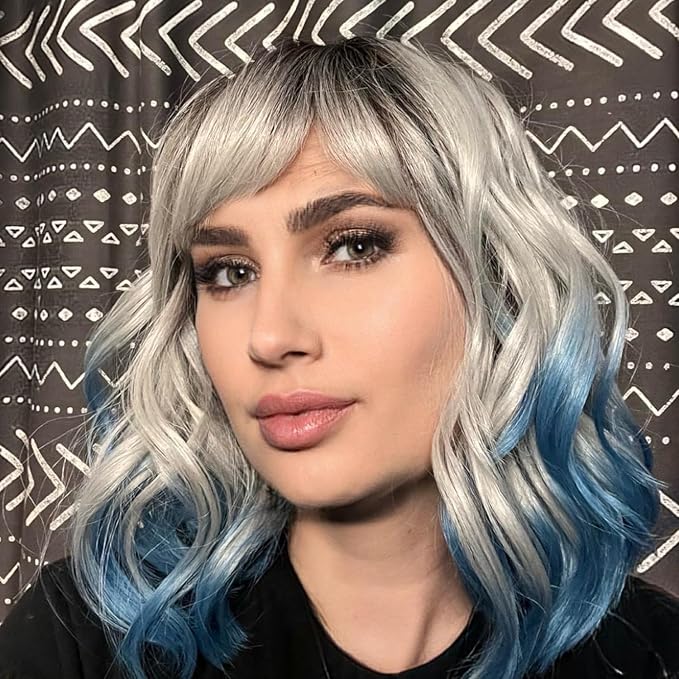BERON 14 Inches Blue Wig with Bangs Short Bob Curly Wigs Silver Blue Wigs for Women Girls
