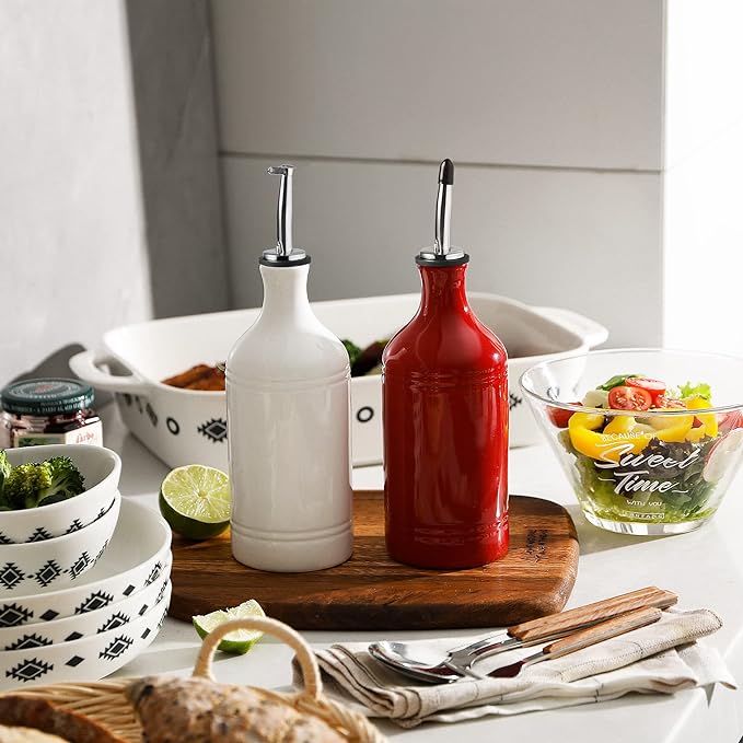 Sweejar Ceramic Olive Oil Dispenser Bottle, Opaque Oil Cruet Protects Oil to Reduce Oxidation, Suitable for Storage Oil, Vinegar, Coffee Syrups & Other Liquids, Pack of 1, 15.5 Fl Oz (White)