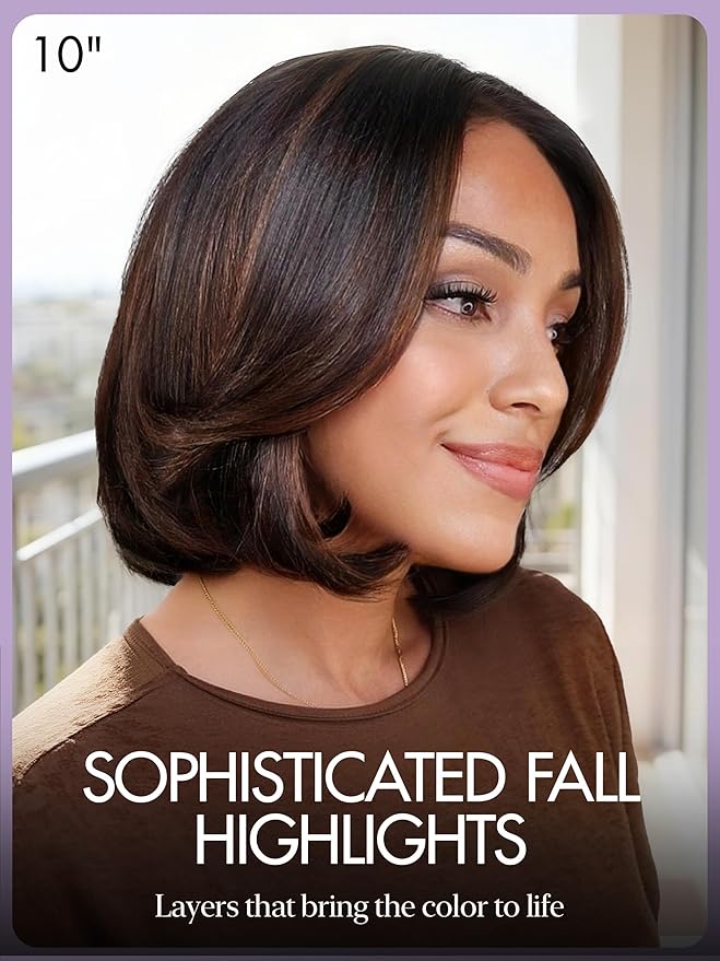 LUVME HAIR 5X5 Layered Cut Bob Wig 100% Human Hair Wigs Glueless 10 Inches Bob Pre Cut Plucked Lace Short Wig Ready To Go Bleached Knots Middle Part Brown Highlight Wigs