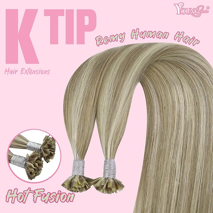YoungSee K Tip Hair Extensions Light Brown K Tips Human Hair Extensions Highlight Light Brown With Blonde Keratin Hair Extensions U Tip Highlight 16in Hot Fusion Remy Hair Extensions for Women 50s/50g