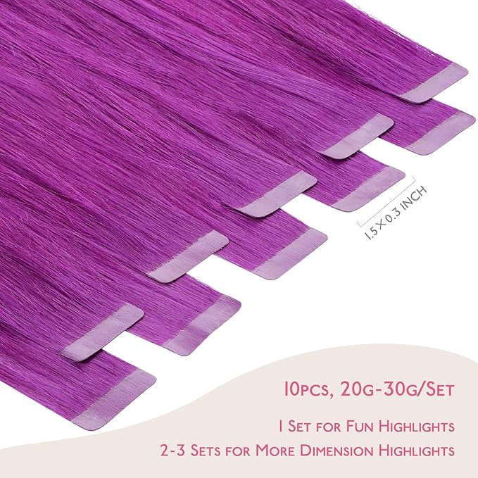 WENNALIFE Tape in Hair Extensions Human Hair Purple Tape in Extensions, 10pcs 30g 20 inch Remy Invisible Tape Ins Straight Colored Soft Real Human Hair Tape in Extensions Refill Set Extensions