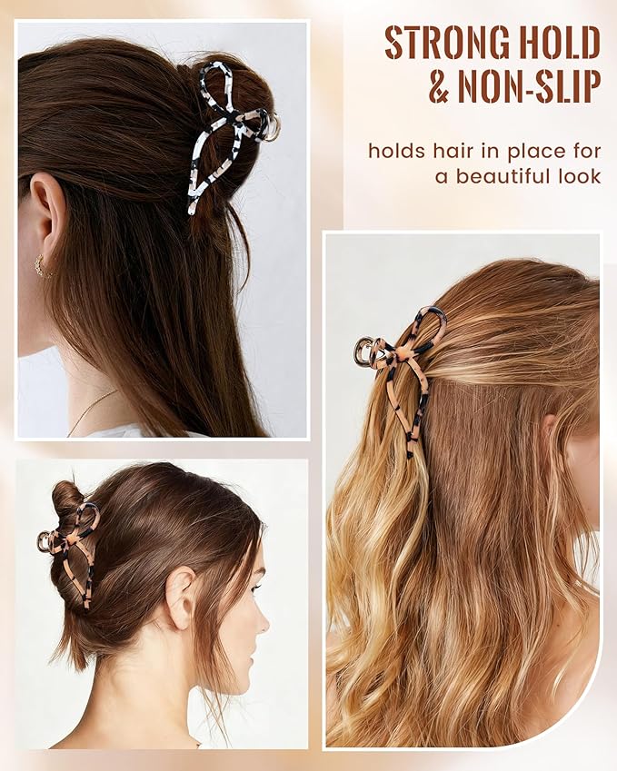 ACECHA 2 Pack Gold Metal Bow Hair Claw Clips for Women, 4.5" Colorful Non-slip Hairclips for Thick Thin Hair Claws Strong Hold Styling (Leopard)