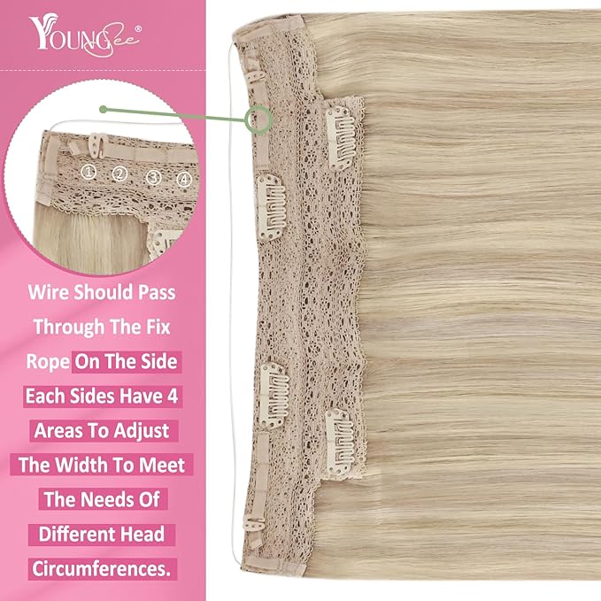 YoungSee 120g Wire Hair Extensions Real Human Hair Ash Blonde Highlights Bleach Blonde Wire Human Hair Extensions for Women Invisible Headband Hair Extension Human Hair 16Inch