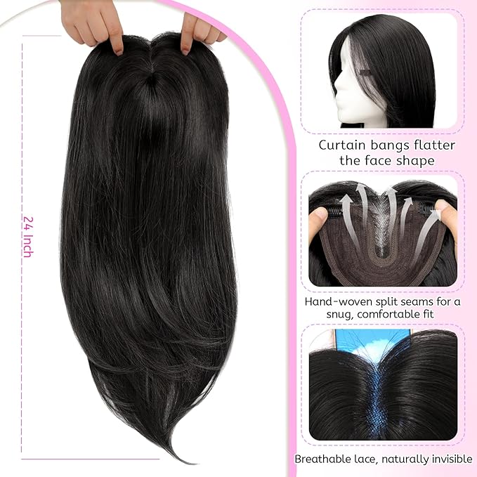 Isaic Hair Toppers for Women 24 Inch Synthetic Hair Pieces, 360° Clips In and Adjustable Bandage Layered Toppers, Toppers Hair Pieces Add Volume for Thinning Hair and Daily Use(Natural Black)
