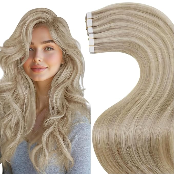 LaaVoo Tape in Human Hair Extensions 22 Inch Blonde Hair Extensions Tape in Dark Ash Blonde Highlighted with Light Blonde20pcs 50g