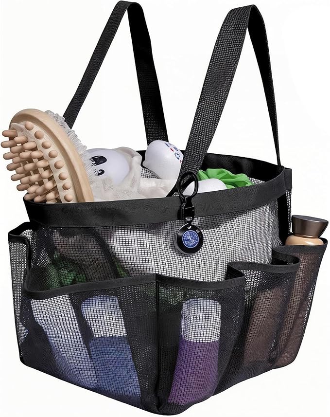 Mesh Shower Caddy – Portable Bathroom Organizer with 8 Pockets, Quick-Dry Hanging Shower Tote for College Dorm, Gym, Travel, and Shared Bathrooms – Black