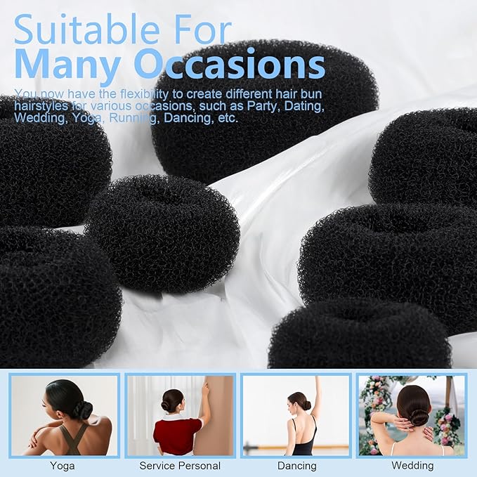 FANDAMEI Hair Bun Maker Set- 8 PCS Hair Donuts for Buns (2 Extra-large,2 Large,2 Medium and 2 Small), 40 PCS Bobby Pins, 5 PCS Hair Elastic Ties Black,Bun Maker - Black