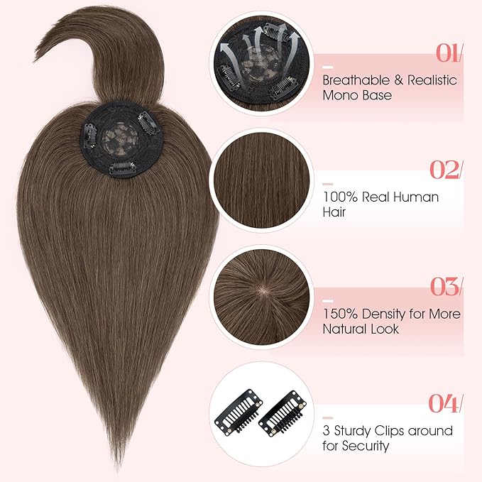 Hairro Mono Hair Toppers with Bangs, 3.4" x 3.4" Mono Base 100% Real Human Hairpieces for Women, 150% Density Clips In Topper for Greyish Thinning Hair, 18 Inch Cocoa Brown