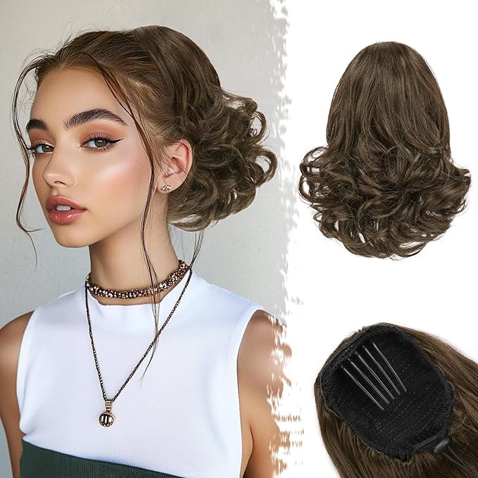 BARSDAR Drawstring Ponytail Extension - 10 Inch Short Wavy Medium Brown Ponytail Extensions for Women - Synthetic Comb Clip in Ponytail Hairpieces Fake Pony Tails Daily - Medium Brown Mixed