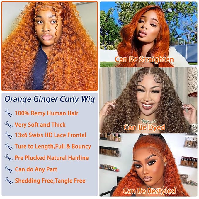 Ginger Orange Lace Front Wigs Human Hair Pre Plucked Deep Curly 13x6 HD Lace Frontal Wigs Glueless Colored Wig 210% Density 30Inch