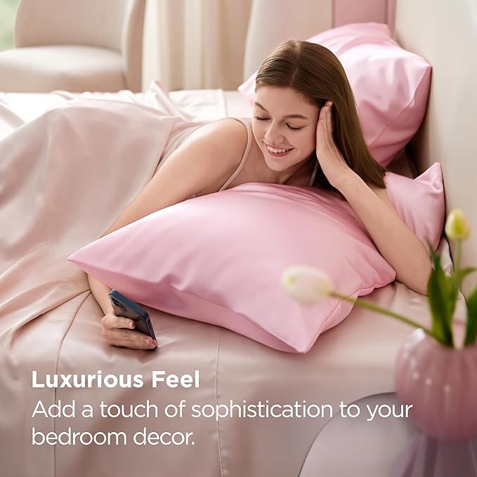 Bedsure King Size Satin Pillowcase Set of 2 - Pink Silky Pillow Cases for Hair and Skin with Envelope Closure, Similar to Silk Pillow Cases, Valentine Gifts for Women Girls, 20x36 Inches, 2pcs