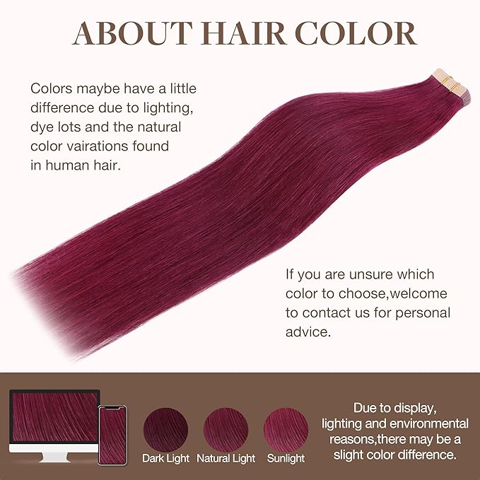 GOO GOO Tape in Hair Extensions Human Hair, Burgundy, 12inch 40g 20pcs, Skin Weft Seamless Invisible, Silky Straight with Thick Ends, Remy Human Hair
