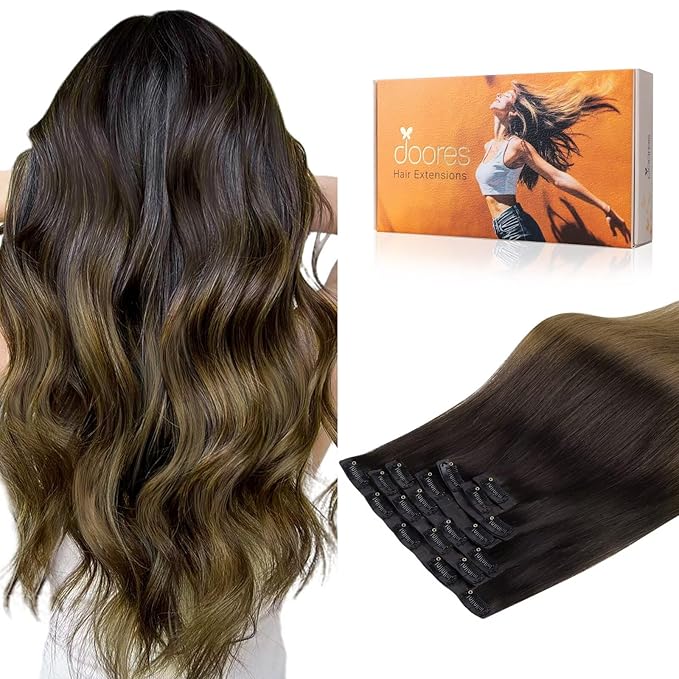 DOORES Seamless Clip in Hair Extensions Real Human Hair, Chocolate Dip Color Melt 18 Inch 7pcs 130g, Human Hair Extensions Remy Hair Seamless Weft Hair Extensions invisible Edge Hair Extensions