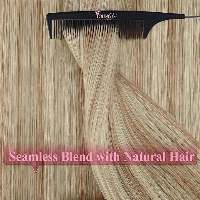 YoungSee Tape in Human Hair Extensions Blonde Highlight Tape in Extensions Light Blonde Highlighted Strawberry Invisible Tape-on Hair Extensions Silky Straight 18 Inch 20pcs 50g Easy to Put