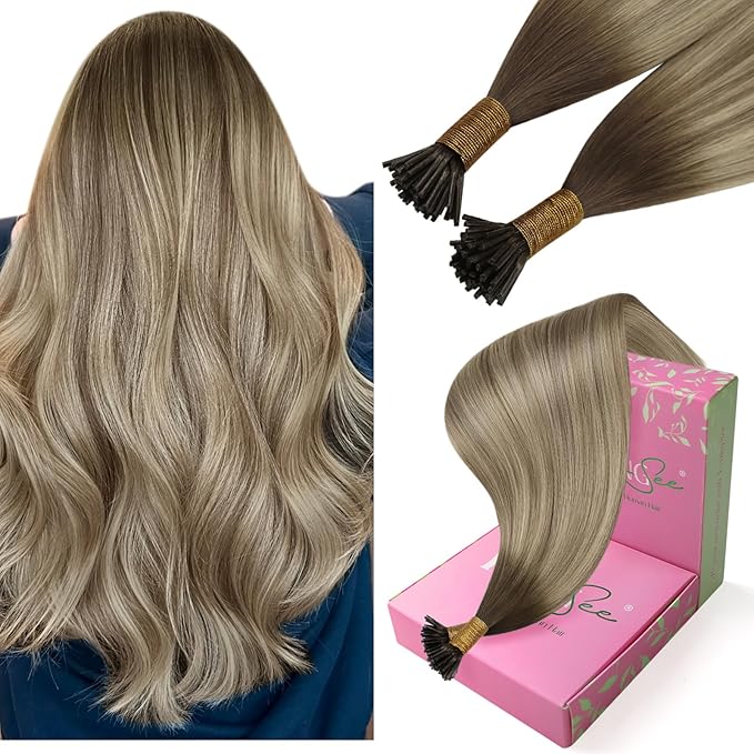 YoungSee I Tip Hair Extensions Ombre Itip Human Hair Extensions Ombre Dark Brown to Brown with Blonde Keratin Tip Extension 18In Cold Fusion Hair Extension Balayage 60s 50g