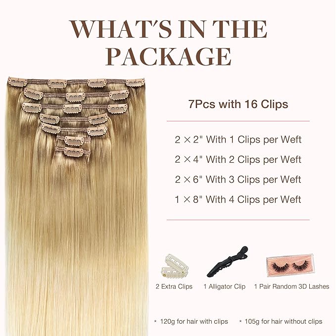 GOO GOO Clip in Hair Extensions Real Human Hair, Remy Human Hair Extensions Clip ins for Women, Natural Human Hair, 20inch 120g 7Pcs, #O7/60F