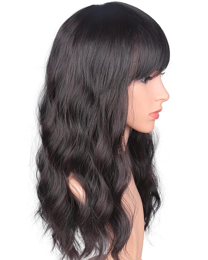 16 Inches Black Mix Brown Fashion Wavy Synthetic Hair Wigs For Black Women With Side Bangs Free Wig Cap (BLACK MIX BROWN(1B/33#))