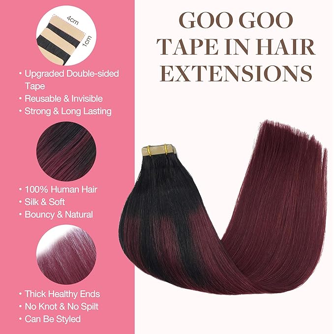 GOO GOO Tape in Hair Extensions Human Hair, 1/99 Balayage Jet Black to Red, 18inch 25g 10pcs, Skin Weft Seamless Invisible, Silky Straight with Thick Ends, Remy Human Hair